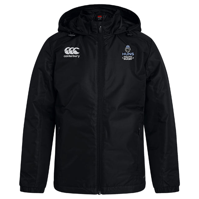 The Austin Huns Youth Rugby Club Vaposhield Stadium Jacket by EMB Canterbury features padded insulation, a black hood, the Canterbury logo on the right chest, and "Huns Youth Rugby" on the left, shown on a plain white background.