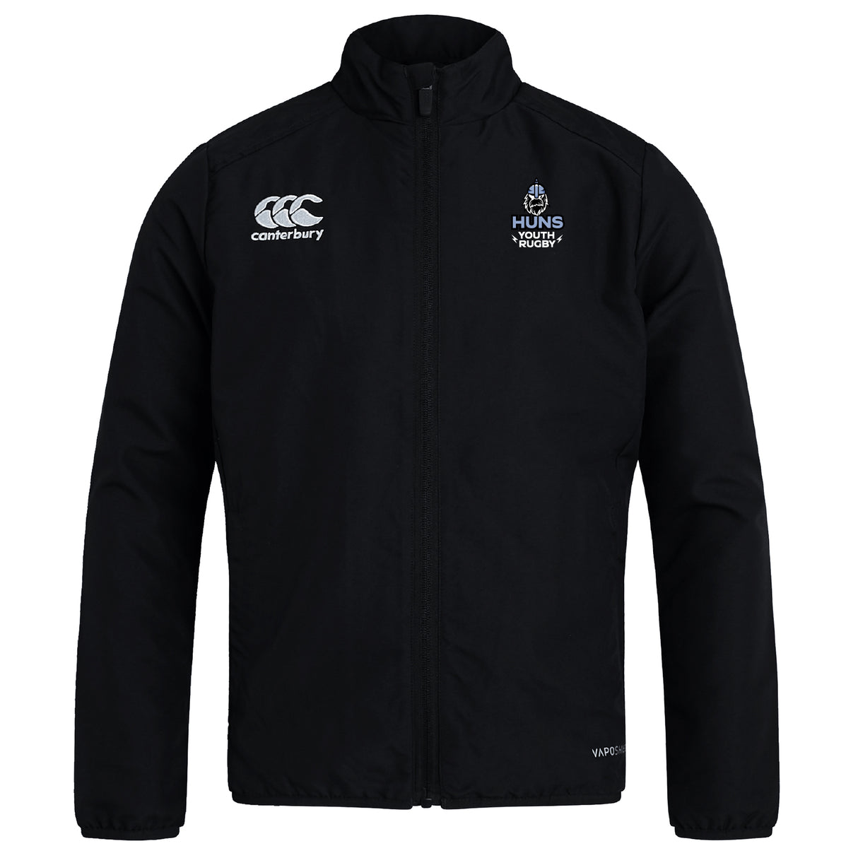 The Austin Huns Youth Rugby Club Track Jacket by Canterbury is a black zip-up from EMB Canterbury, featuring the Canterbury and Huns Youth Rugby logos on the chest. Lightweight and comfy, it's ideal for on or off the field.