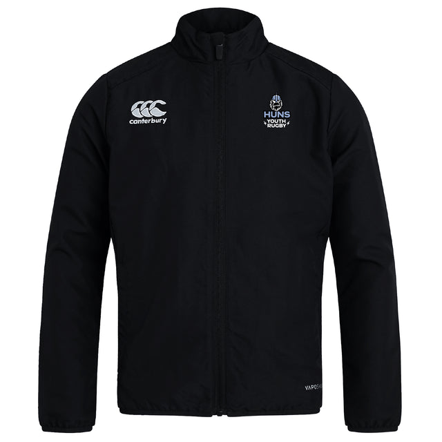 The Austin Huns Youth Rugby Club Track Jacket by Canterbury is a black zip-up from EMB Canterbury, featuring the Canterbury and Huns Youth Rugby logos on the chest. Lightweight and comfy, it's ideal for on or off the field.