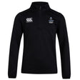 The EMB Canterbury Austin Huns Youth Rugby Club 1/4 Zip Mid Layer Training Top is a black long-sleeve with chest logos, combining comfort and versatility for rugby training.