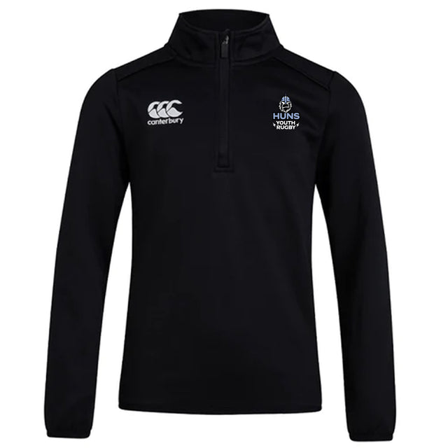 The EMB Canterbury Austin Huns Youth Rugby Club 1/4 Zip Mid Layer Training Top is a black long-sleeve with chest logos, combining comfort and versatility for rugby training.