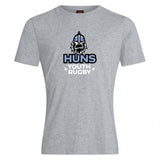 The Austin Huns Youth Rugby Club Plain Tee by WRS Canterbury is a grey cotton blend shirt with a Viking head graphic and “Huns Youth Rugby” in bold lettering.