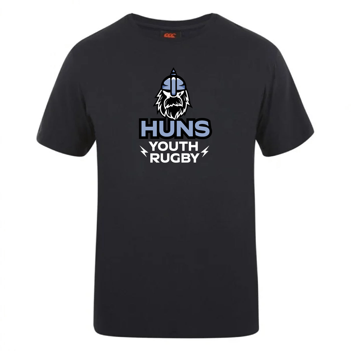 The Austin Huns Youth Rugby Club Plain Tee by WRS Canterbury is a black cotton blend shirt with a Viking helmet and beard logo above “Huns Youth Rugby” in white and light blue—ideal for team spirit and customization.