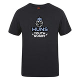 The Austin Huns Youth Rugby Club Plain Tee by WRS Canterbury is a black cotton blend shirt with a Viking helmet and beard logo above “Huns Youth Rugby” in white and light blue—ideal for team spirit and customization.