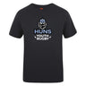 The Austin Huns Youth Rugby Club Plain Tee by WRS Canterbury is a black cotton blend shirt with a Viking helmet and beard logo above “Huns Youth Rugby” in white and light blue—ideal for team spirit and customization.