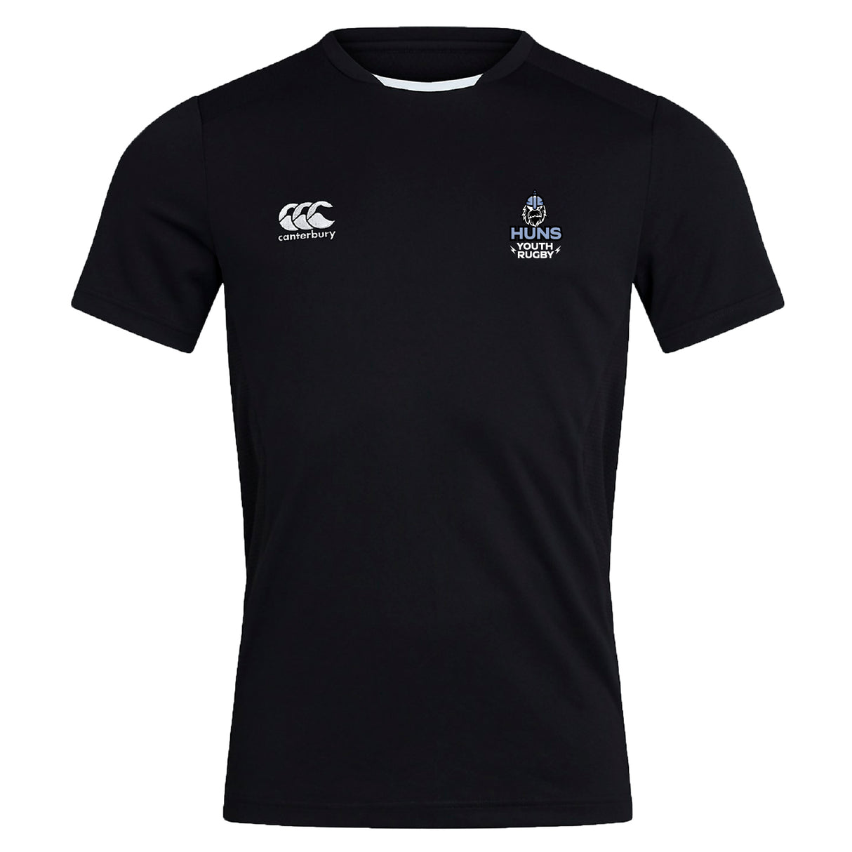 The Austin Huns Youth Rugby Club Dry Tee by EMB Canterbury is a black short-sleeve athletic shirt with Vapodri Technology, featuring the Canterbury logo left and Huns Youth Rugby emblem right—perfect for active young players.