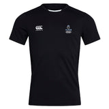 The Austin Huns Youth Rugby Club Dry Tee by EMB Canterbury is a black short-sleeve athletic shirt with Vapodri Technology, featuring the Canterbury logo left and Huns Youth Rugby emblem right—perfect for active young players.