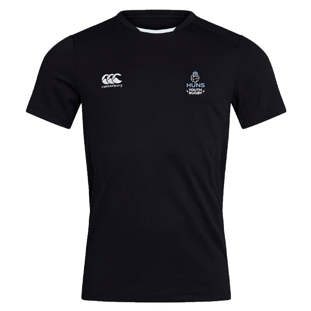 The Austin Huns Youth Rugby Club Dry Tee by EMB Canterbury is a black short-sleeve athletic shirt with Vapodri Technology, featuring the Canterbury logo left and Huns Youth Rugby emblem right—perfect for active young players.