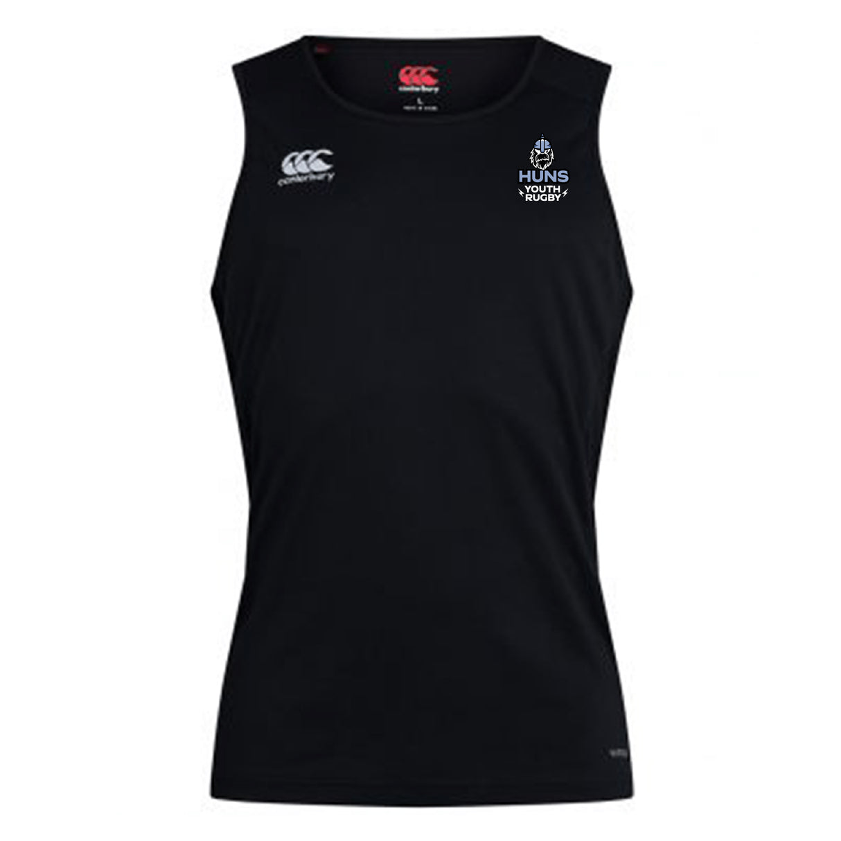 The Austin Huns Youth Rugby Club Dry Singlet by Canterbury is a sleeveless black top featuring Huns Youth Rugby logos on the chest, crafted with EMB Canterbury’s Vapodri Technology for high-performance athletic wear.