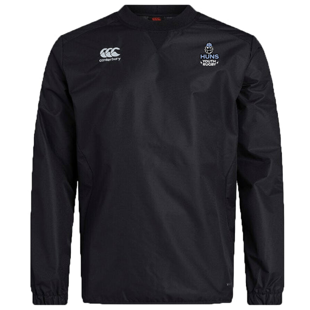 The Austin Huns Youth Rugby Club Vaposhield Contact Top by EMB Canterbury is a black, water-repellent long-sleeve training shirt with the Canterbury logo on the right and "Huns Youth Rugby" on the left chest.