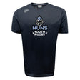 Stay cool on the field with the Austin Huns Youth Rugby Tempo Vapodri T-Shirt by WRS Canterbury—a black short-sleeve tee featuring a Viking head and "Huns Youth Rugby" graphic, made with moisture-wicking fabric for peak performance.