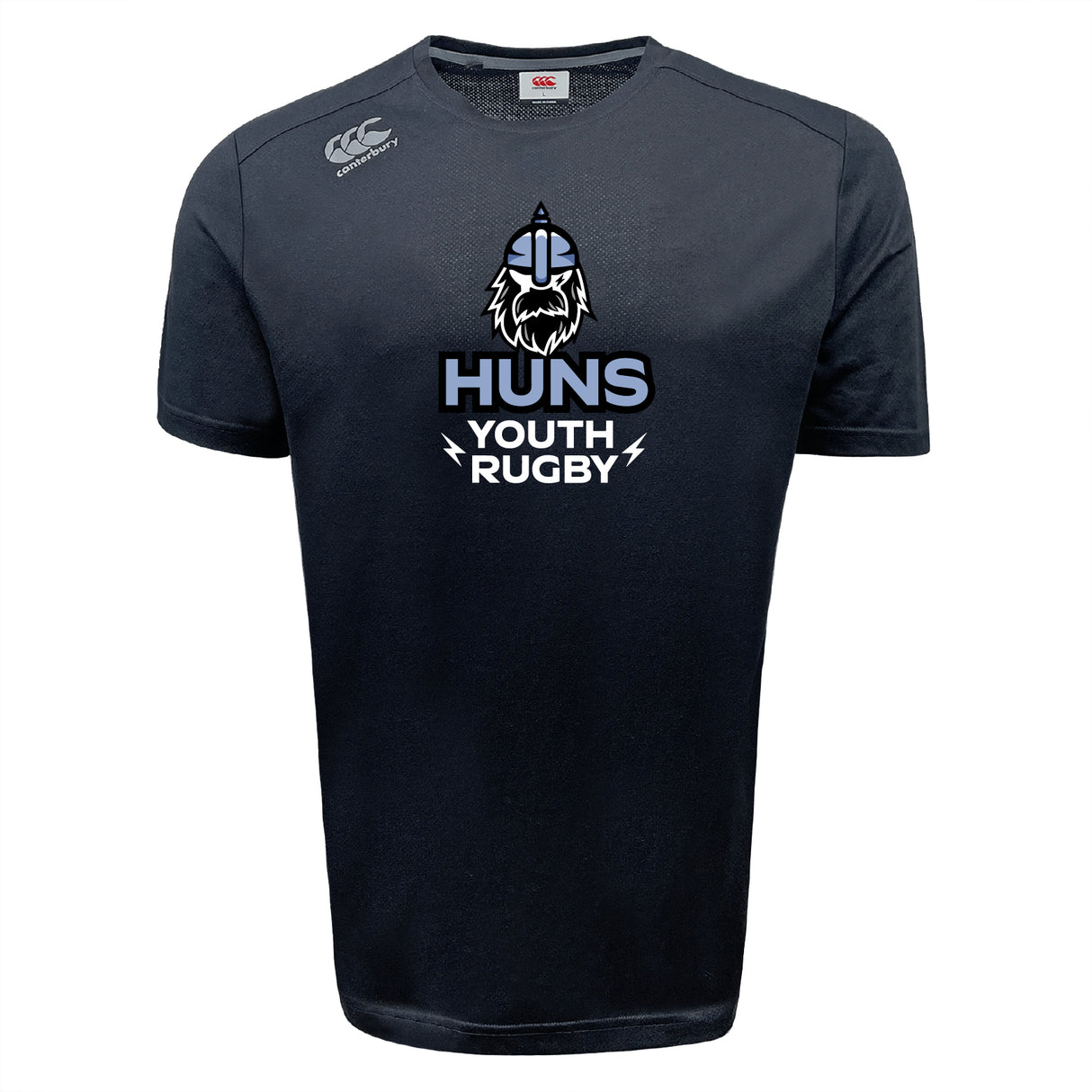 Stay cool on the field with the Austin Huns Youth Rugby Tempo Vapodri T-Shirt by WRS Canterbury—a black short-sleeve tee featuring a Viking head and "Huns Youth Rugby" graphic, made with moisture-wicking fabric for peak performance.