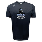 Stay cool on the field with the Austin Huns Youth Rugby Tempo Vapodri T-Shirt by WRS Canterbury—a black short-sleeve tee featuring a Viking head and "Huns Youth Rugby" graphic, made with moisture-wicking fabric for peak performance.