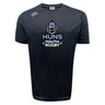 Stay cool on the field with the Austin Huns Youth Rugby Tempo Vapodri T-Shirt by WRS Canterbury—a black short-sleeve tee featuring a Viking head and "Huns Youth Rugby" graphic, made with moisture-wicking fabric for peak performance.
