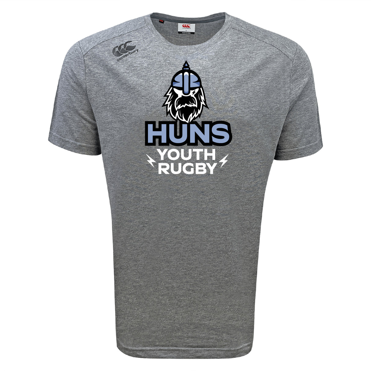 The Austin Huns Youth Rugby Tempo Vapodri T-Shirt by WRS Canterbury is a gray short-sleeve athletic tee, featuring a Viking logo and bold "HUNS YOUTH RUGBY" print—blending comfort and style for young fans.