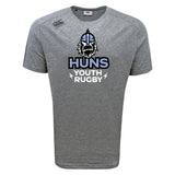 The Austin Huns Youth Rugby Tempo Vapodri T-Shirt by WRS Canterbury is a gray short-sleeve athletic tee, featuring a Viking logo and bold "HUNS YOUTH RUGBY" print—blending comfort and style for young fans.