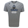 The Austin Huns Youth Rugby Tempo Vapodri T-Shirt by WRS Canterbury is a gray short-sleeve athletic tee, featuring a Viking logo and bold "HUNS YOUTH RUGBY" print—blending comfort and style for young fans.