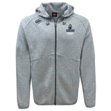 The Austin Huns Youth Rugby Tempo Vapodri Full-Zip Hoodie by EMB Canterbury is a light grey, moisture-wicking hoodie with a hood, drawstrings, and embroidered chest logos—including "Huns Rugby"—offering comfort and performance.