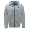 The Austin Huns Youth Rugby Tempo Vapodri Full-Zip Hoodie by EMB Canterbury is a light grey, moisture-wicking hoodie with a hood, drawstrings, and embroidered chest logos—including "Huns Rugby"—offering comfort and performance.