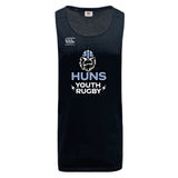 The Austin Huns Youth Rugby Tempo Vapodri Singlet by WRS Canterbury is a black, sleeveless training top featuring the "Huns Youth Rugby" logo with Viking helmet and beard graphic, crafted from recycled polyester for comfort and performance.