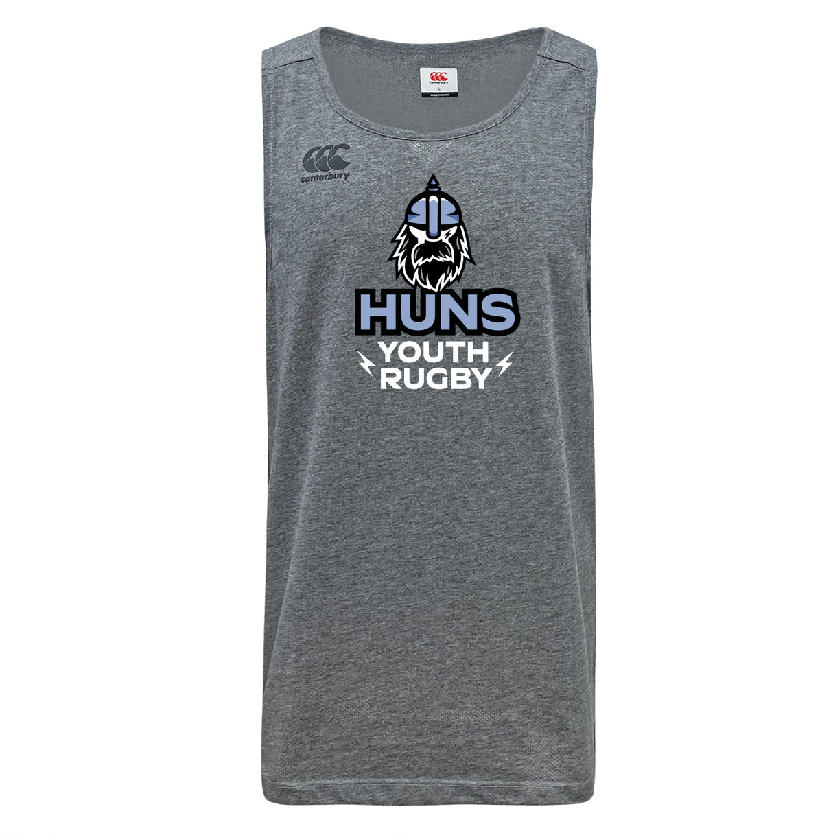 The Austin Huns Youth Rugby Tempo Vapodri Singlet by WRS Canterbury is a gray, sleeveless top made from recycled polyester, featuring a "Huns Youth Rugby" logo with a stylized Viking helmet and beard graphic on the front.
