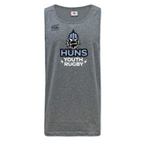 The Austin Huns Youth Rugby Tempo Vapodri Singlet by WRS Canterbury is a gray, sleeveless top made from recycled polyester, featuring a "Huns Youth Rugby" logo with a stylized Viking helmet and beard graphic on the front.