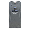The Austin Huns Youth Rugby Tempo Vapodri Singlet by WRS Canterbury is a gray, sleeveless top made from recycled polyester, featuring a "Huns Youth Rugby" logo with a stylized Viking helmet and beard graphic on the front.