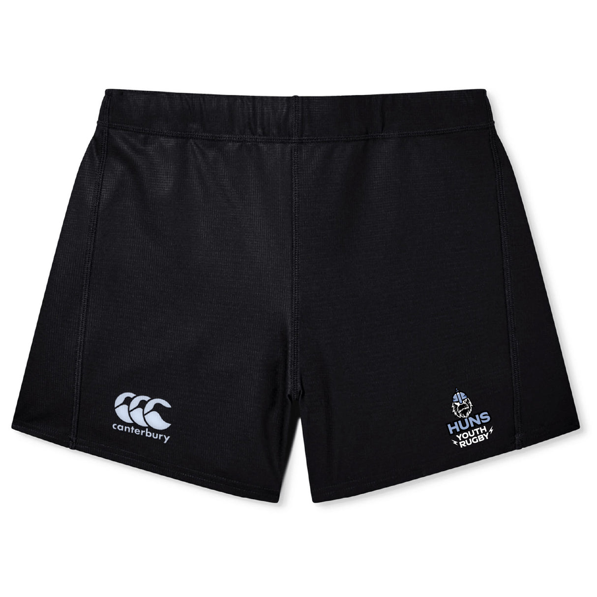 The Austin Huns Youth Rugby Women's Yokohama Short by EMB Canterbury features the Canterbury logo on the left and "Huns Youth Rugby" on the right, shown against a white background.
