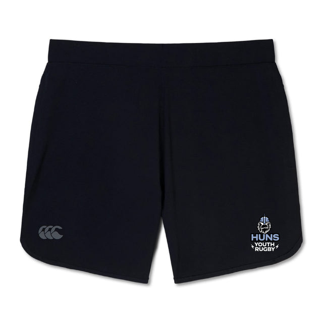 The Austin Huns Youth Rugby Women’s Elite Woven Short by EMB Canterbury features the Canterbury logo, Huns logo, and zippered pockets—perfect women’s gym shorts for comfort and style.