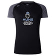 The Austin Huns Youth Rugby Women's Elite Training Tee by WRS Canterbury is a black and grey lightweight shirt with "Huns Youth Rugby" and a viking helmet logo, made from moisture-wicking fabric for comfortable training.