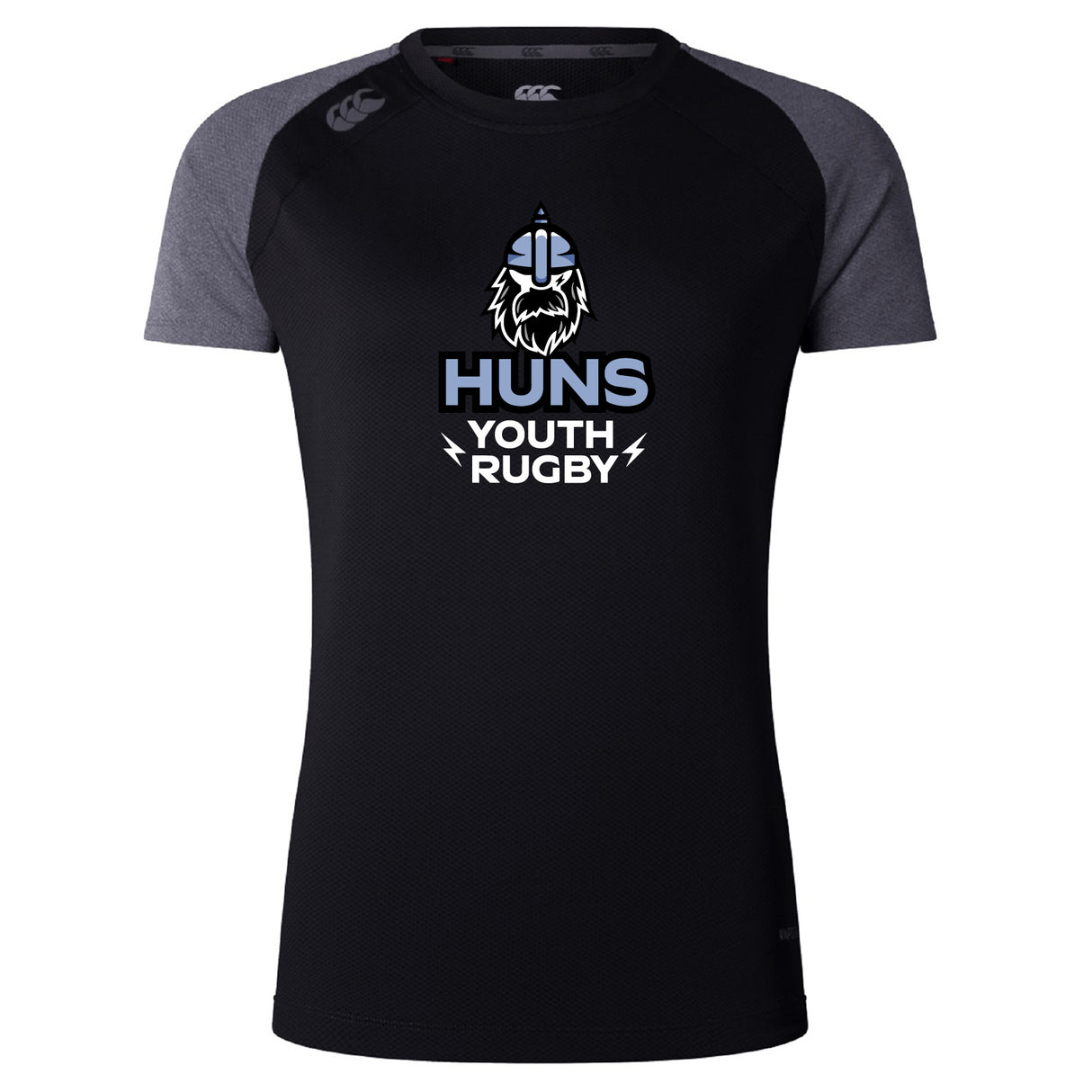 The Austin Huns Youth Rugby Women's Elite Training Tee by WRS Canterbury is a black and grey lightweight shirt with "Huns Youth Rugby" and a viking helmet logo, made from moisture-wicking fabric for comfortable training.