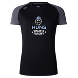 The Austin Huns Youth Rugby Women's Elite Training Tee by WRS Canterbury is a black and grey lightweight shirt with "Huns Youth Rugby" and a viking helmet logo, made from moisture-wicking fabric for comfortable training.