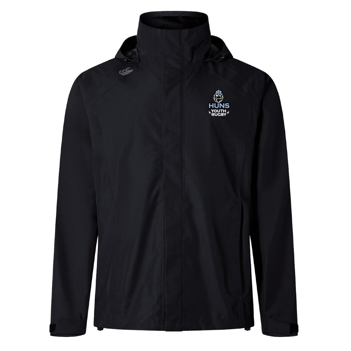 The Austin Huns Youth Rugby Elite Storm Jacket by EMB Canterbury is a black waterproof jacket featuring the "Huns Youth Rugby" logo on the left chest and a small emblem on the right shoulder.