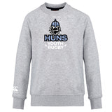 The Austin Huns Youth Rugby Club Crew Sweatshirt by WRS Canterbury features a stylized Viking logo and "Huns Youth Rugby" on the front, plus an embroidered CCC logo on the sleeve for ultra-soft comfort and team pride.
