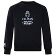 The Austin Huns Youth Rugby Club Crew Sweatshirt by WRS Canterbury is ultra soft, navy blue, with a Viking helmet and beard graphic above "Huns Youth Rugby," plus an embroidered CCC logo on the left sleeve.