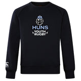 The Austin Huns Youth Rugby Club Crew Sweatshirt by WRS Canterbury is ultra soft, navy blue, with a Viking helmet and beard graphic above "Huns Youth Rugby," plus an embroidered CCC logo on the left sleeve.