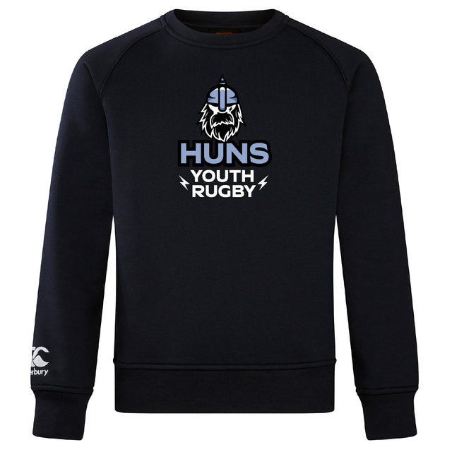 The Austin Huns Youth Rugby Club Crew Sweatshirt by WRS Canterbury is ultra soft, navy blue, with a Viking helmet and beard graphic above "Huns Youth Rugby," plus an embroidered CCC logo on the left sleeve.