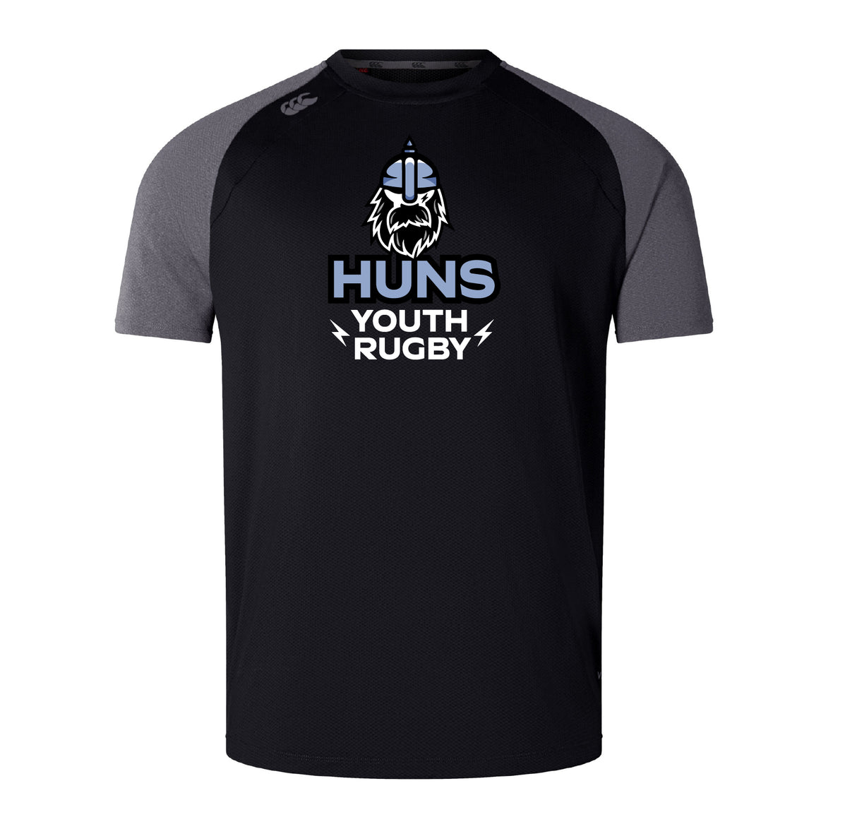 The Austin Huns Youth Rugby Elite Training Tee by WRS Canterbury features black and grey short sleeves, a Viking helmet logo, "Huns Youth Rugby" text, and is made from lightweight Vapodri fabric for comfort.