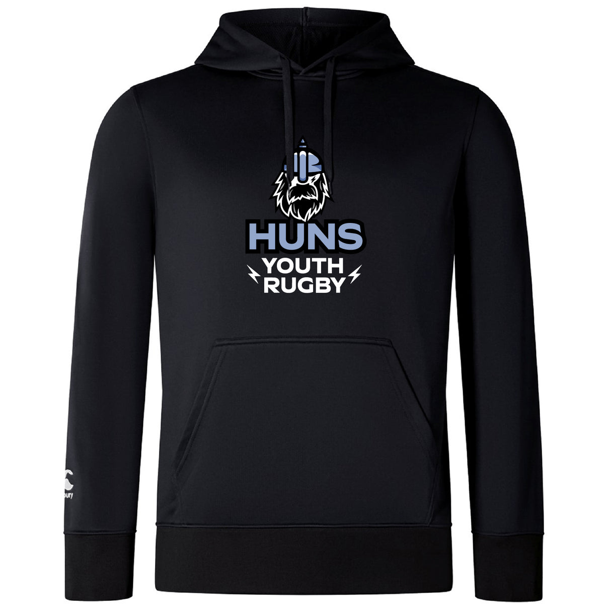The Austin Huns Youth Rugby Club Lightweight Hoodie by WRS Canterbury is a black, custom hoodie with a kangaroo pocket, stylized wolf logo, and "Huns Youth Rugby" text on the chest.