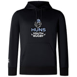 The Austin Huns Youth Rugby Club Lightweight Hoodie by WRS Canterbury is a black, custom hoodie with a kangaroo pocket, stylized wolf logo, and "Huns Youth Rugby" text on the chest.
