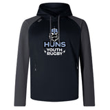 The Austin Huns Youth Rugby Elite Training Hoody by WRS Canterbury features “Huns Youth Rugby” text and a Norse helmet logo—ideal custom sportswear for top performance on or off the field.