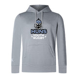 The Austin Huns Youth Rugby Club Lightweight Hoodie by WRS Canterbury is a light gray pullover with a kangaroo pocket, featuring a stylized Viking head and bold "Huns Youth Rugby" text on the front.