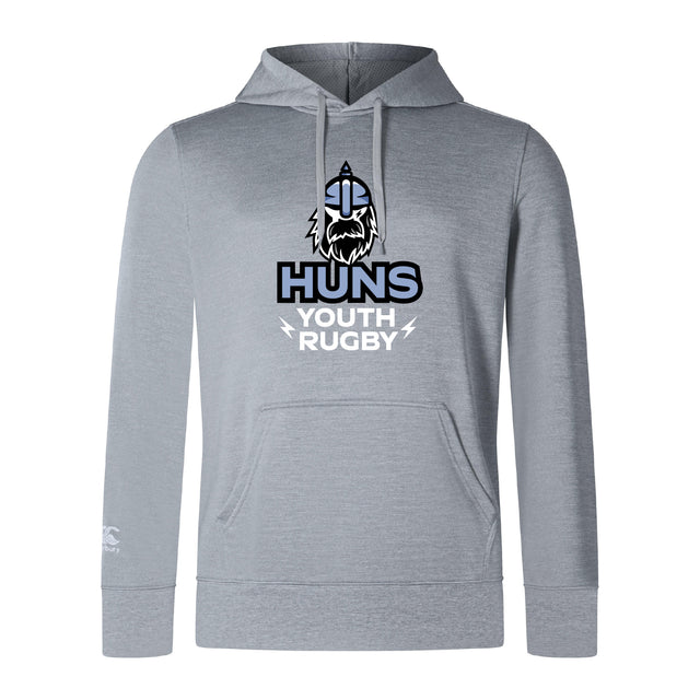 The Austin Huns Youth Rugby Club Lightweight Hoodie by WRS Canterbury is a light gray pullover with a kangaroo pocket, featuring a stylized Viking head and bold "Huns Youth Rugby" text on the front.