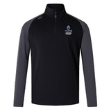 The Austin Huns Youth Rugby Elite First Layer by EMB Canterbury is a black and dark gray long-sleeve quarter-zip top with "Huns Youth Rugby" logo on the chest, a white shoulder logo, and VapoDri tech for comfort during play.