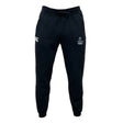 The Austin Huns Youth Rugby Leisure Sweatpant by EMB Canterbury features a black athletic design with a drawstring waist, made from recycled polyester sweatpants material and displaying white logos on both front thighs.