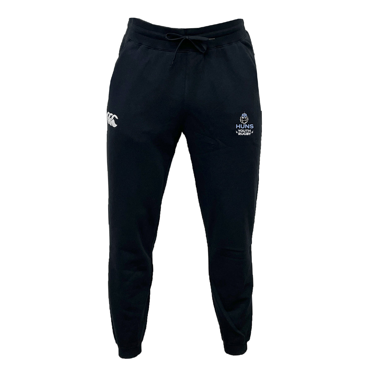 The Austin Huns Youth Rugby Leisure Sweatpant by EMB Canterbury features a black athletic design with a drawstring waist, made from recycled polyester sweatpants material and displaying white logos on both front thighs.
