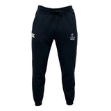 The Austin Huns Youth Rugby Leisure Sweatpant by EMB Canterbury features a black athletic design with a drawstring waist, made from recycled polyester sweatpants material and displaying white logos on both front thighs.