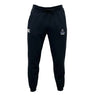 The Austin Huns Youth Rugby Leisure Sweatpant by EMB Canterbury features a black athletic design with a drawstring waist, made from recycled polyester sweatpants material and displaying white logos on both front thighs.