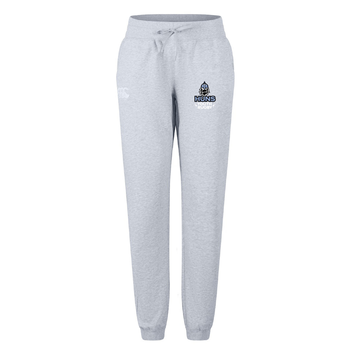 The Austin Huns Youth Rugby Women's Leisure Sweatpant by EMB Canterbury features light gray fabric, a drawstring waist, elastic cuffs, and a "Huns Hockey" logo on the left thigh—ideal sporty comfort inspired by classic Canterbury style.