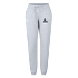 The Austin Huns Youth Rugby Women's Leisure Sweatpant by EMB Canterbury features light gray fabric, a drawstring waist, elastic cuffs, and a "Huns Hockey" logo on the left thigh—ideal sporty comfort inspired by classic Canterbury style.